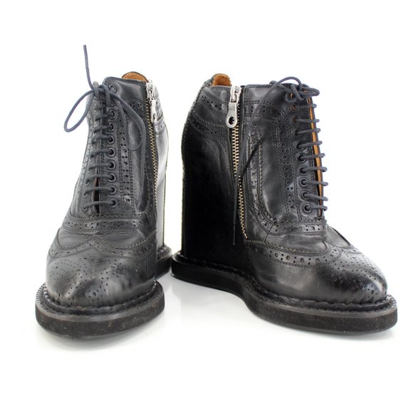 Mihara Yasuhiro Black Brogue Wedge Boots 6.5 Lace Up Platform Oxford Zip Japan - Picture 3 of 13